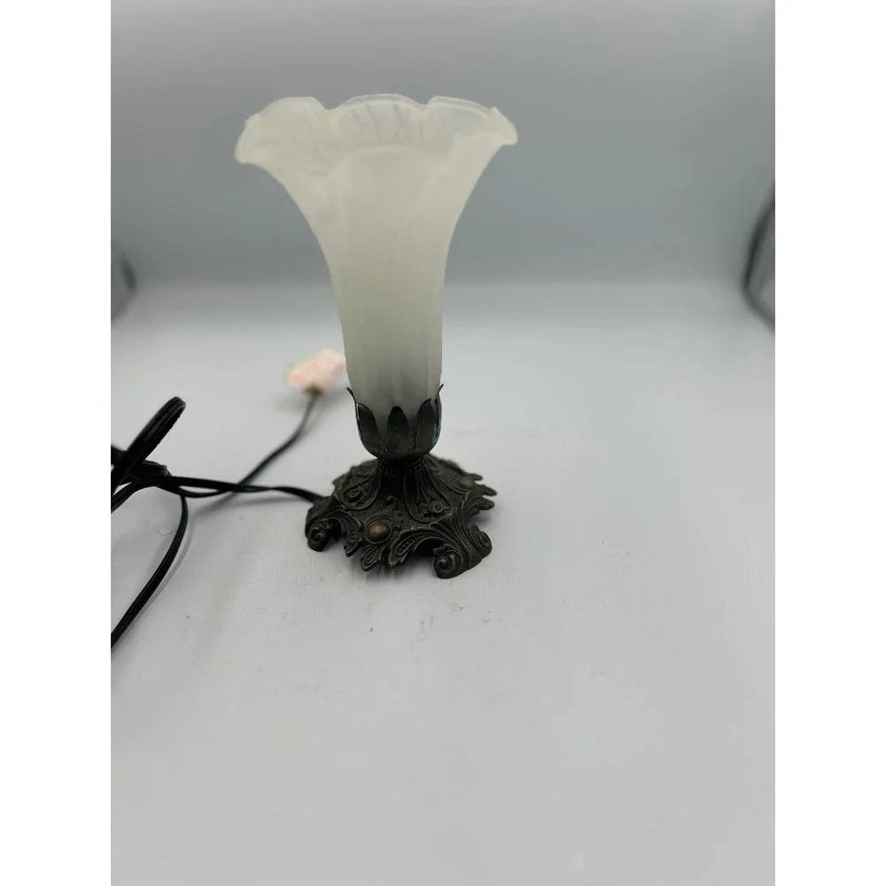 Vintage Frosted Glass Tulip Accent Lamp Ornate Bronze Tone Metal Scroll Base